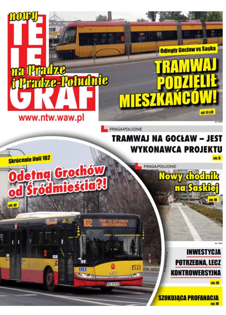 Warsaw tram and bus routes map, showing new tram line on Gocław and new sidewalk on Saska. "Tramwaj podzielił mieszkańców!" headline.