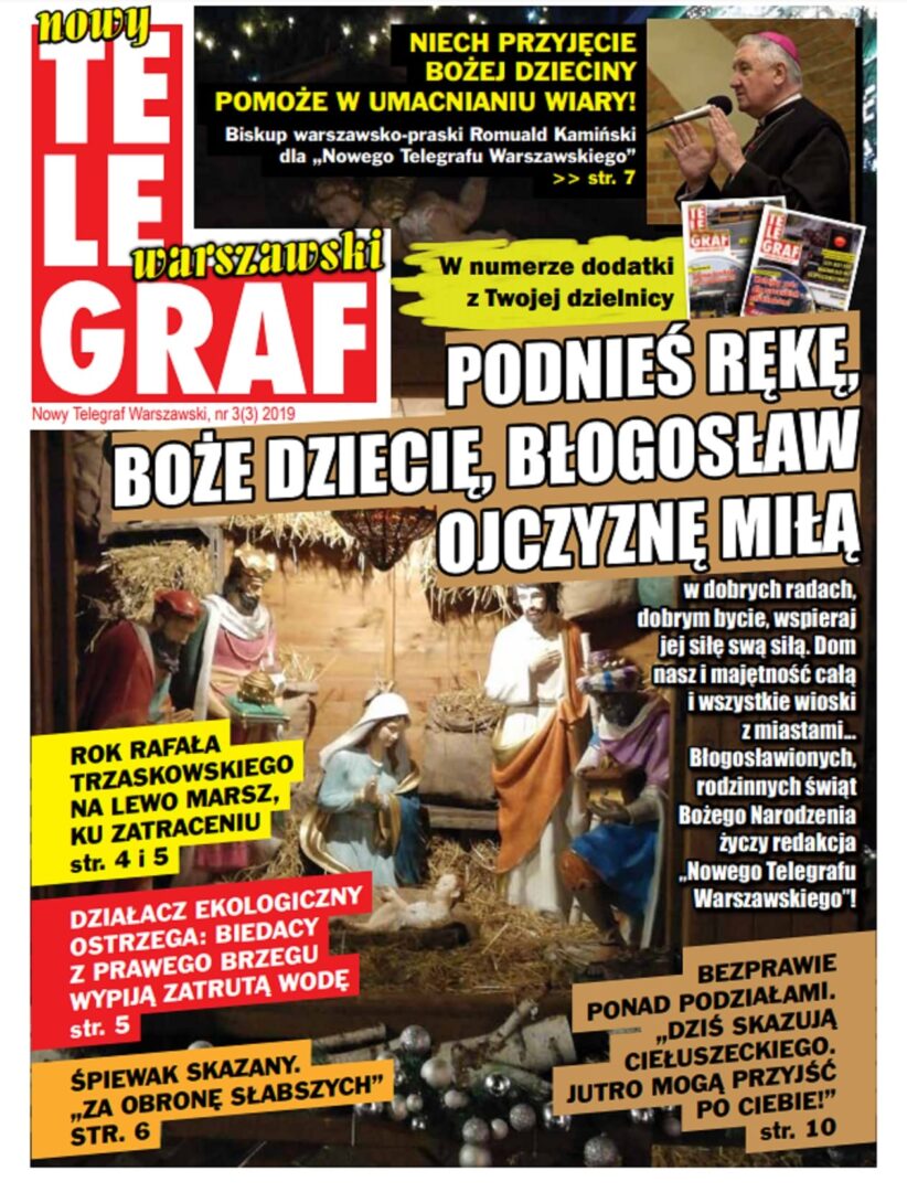Polish newspaper cover featuring nativity scene and Bishop Romuald Kamiński. "Boże Dziecię, Błogosław Ojczyznę Miłą