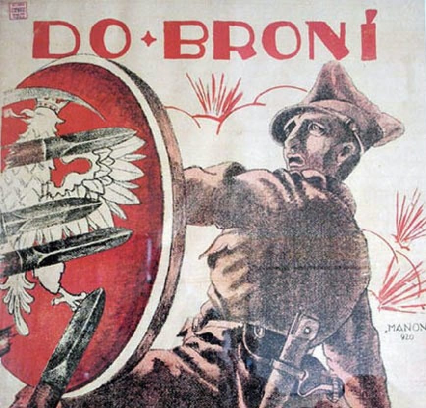 Polski żołnierz z tarczą, plakat „Do Broni”, propaganda I wojny światowej