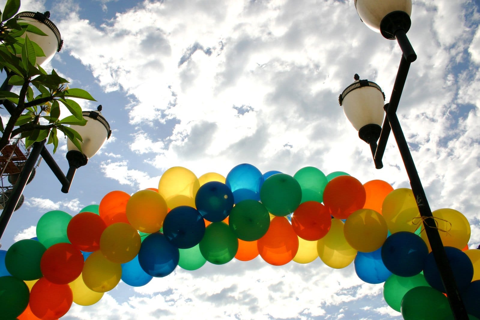 Tęcza kolorowych balonów wyginająca się pod jasnym, błękitnym niebem między dwiema latarniami.