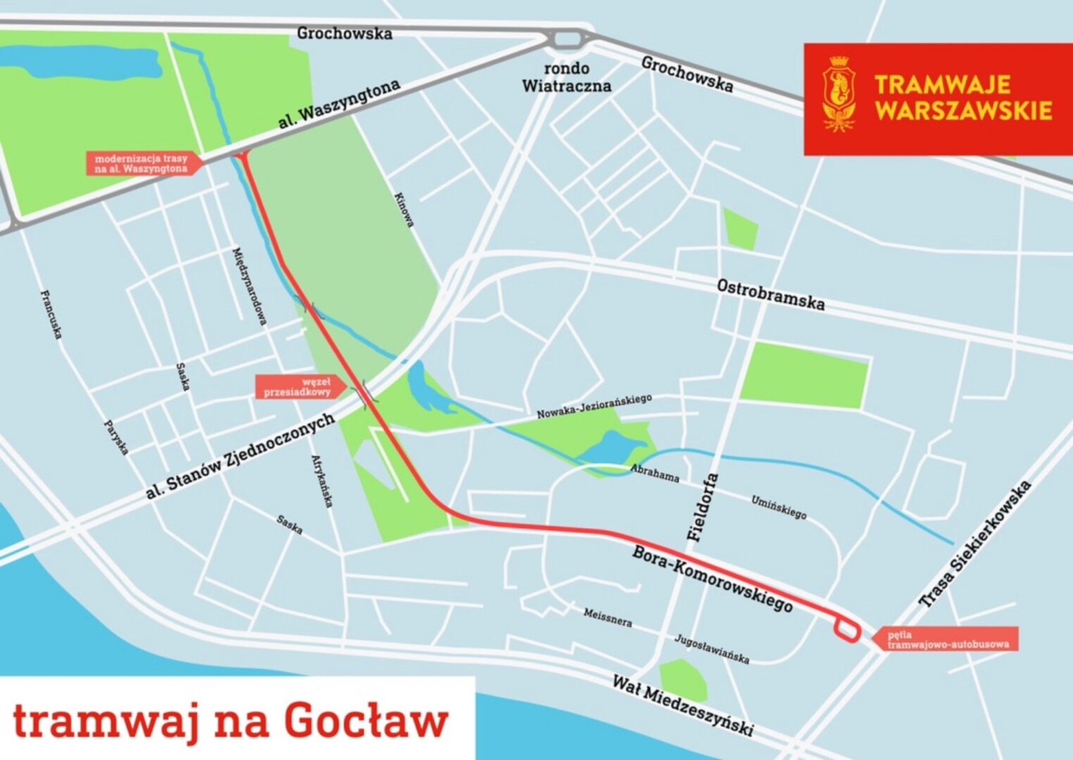 Mapa trasy tramwaju warszawskiego do Gocławia, z zaznaczoną modernizacją na Al. Waszyngtona.