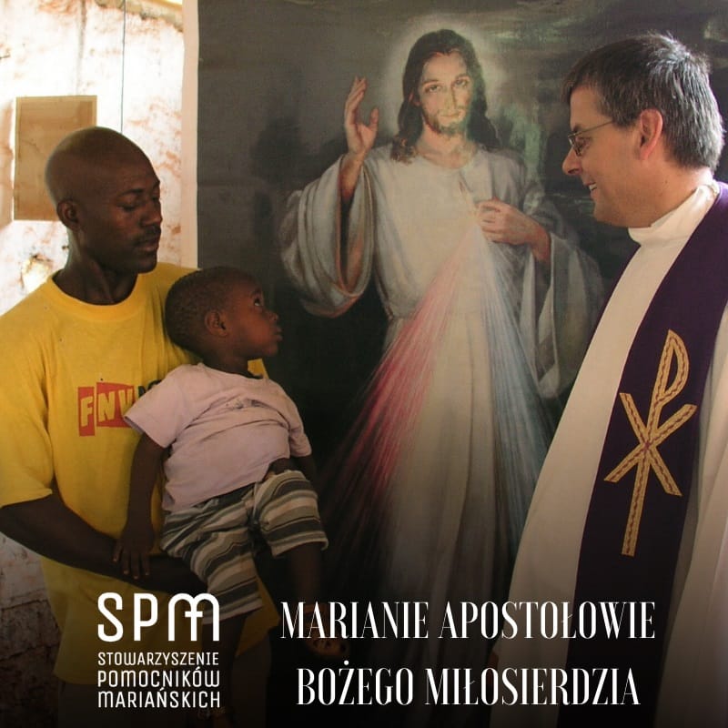 Ksiądz z afrykańską rodziną, obraz Bożego Miłosierdzia. SPM Maryjny Apostolat Bożego Miłosierdzia.