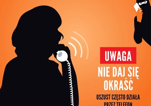 Silhouette of woman answering phone call, warning about phone scams. Text: UWAGA NIE DAJ SIĘ OKRAŚĆ OSZUST CZĘSTO DZIAŁA PRZEZ TELEFON