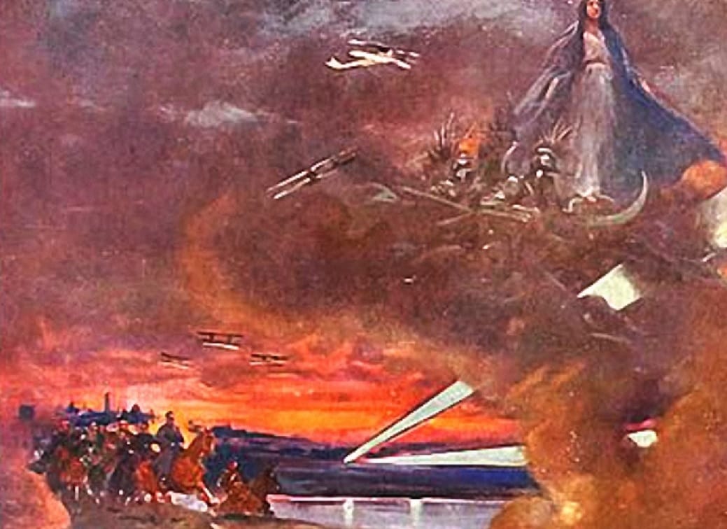 Surrealistyczny obraz przedstawia postać przypominającą Matkę Boską, unoszącą się pośród samolotów i żołnierzy na tle ognistego zachodu słońca.