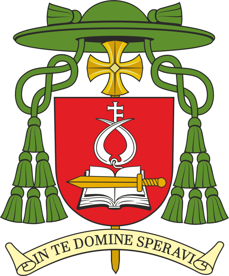 Herb przedstawia czerwoną tarczę, otwartą księgę, miecz i dewizę „In te Domine speravi”.