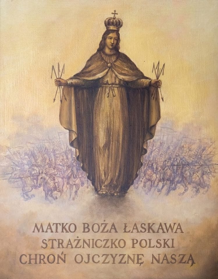 Matko Boża Łaskawa, protector of Poland, depicted with arrows, guarding the nation. "Matko Boża Łaskawa, Strażniczko Polski, Chroń Ojczyznę Naszą.