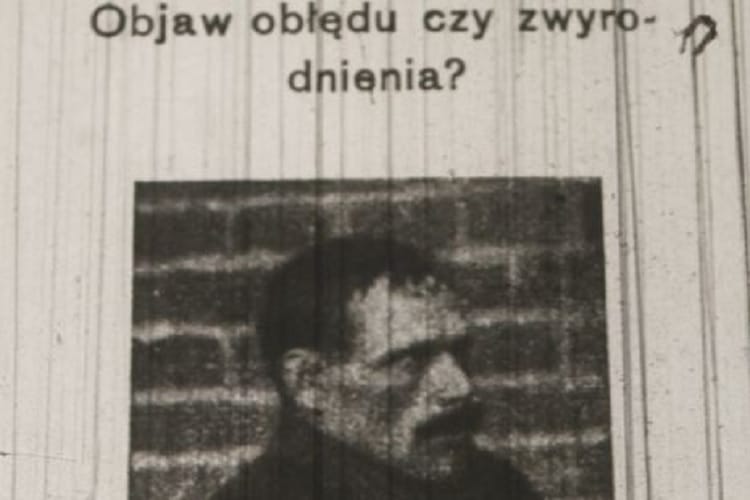 Czarno-białe zdjęcie mężczyzny, prawdopodobnie podejrzanego w śledztwie kryminalnym.