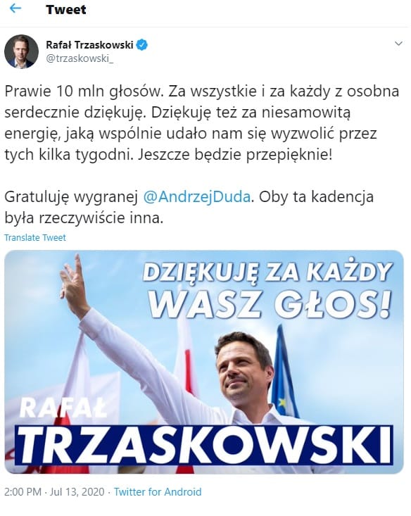 Rafał Trzaskowski thanks supporters after Polish election, "Dziękuję za każdy Wasz głos!