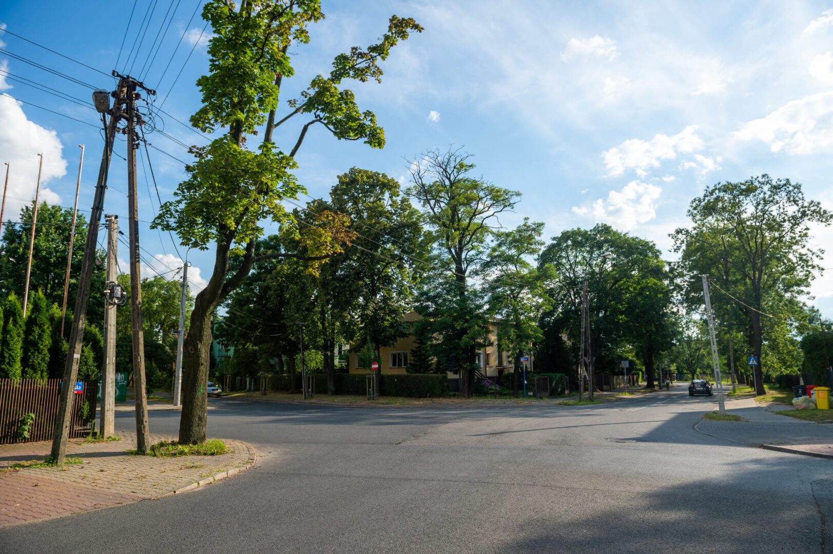 Spokojne skrzyżowanie ulic mieszkalnych z drzewami i domami w słoneczny dzień.