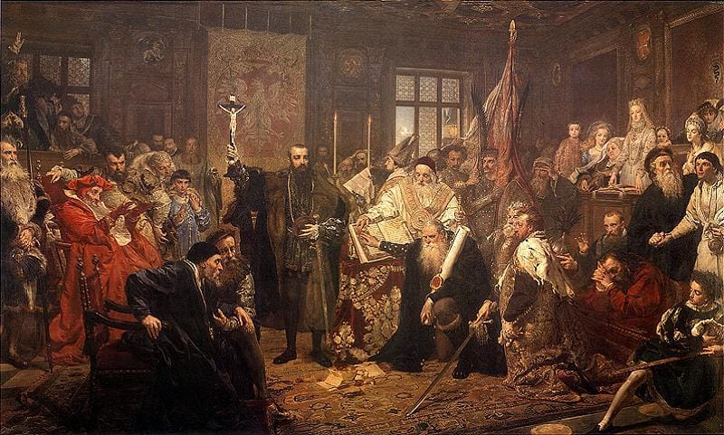 XVII-wieczna ceremonia religijna, dostojnicy, krzyż, zwoje, bogate stroje