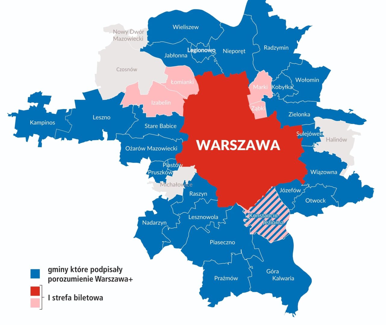 Mapa obszaru metropolitalnego Warszawy pokazująca strefy zintegrowanego systemu biletowego. Ponad 60 milionów biletów.