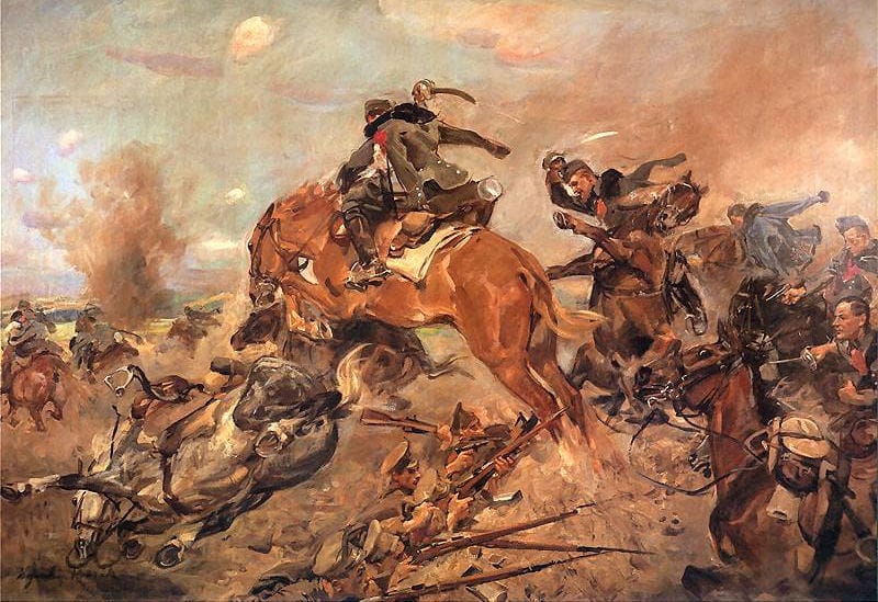 Dramatyczna szarża kawalerii podczas historycznej bitwy, ukazująca zaciętą walkę na miecze i padające konie.