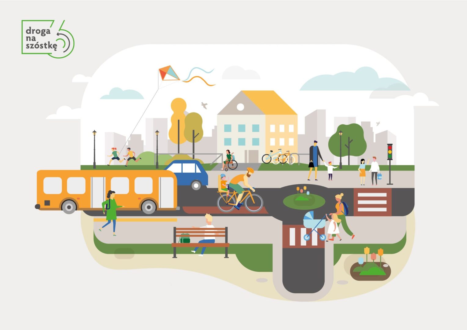 Ilustrowana scena ulicy miejskiej z rodzinami, rowerzystami i autobusem, promująca bezpieczeństwo dzieci na ulicach.
