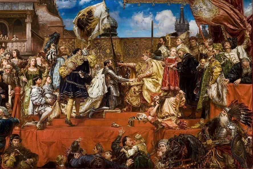 Wspaniały obraz historyczny przedstawiający królewską ceremonię, z udziałem monarchów, dworzan i widzów.