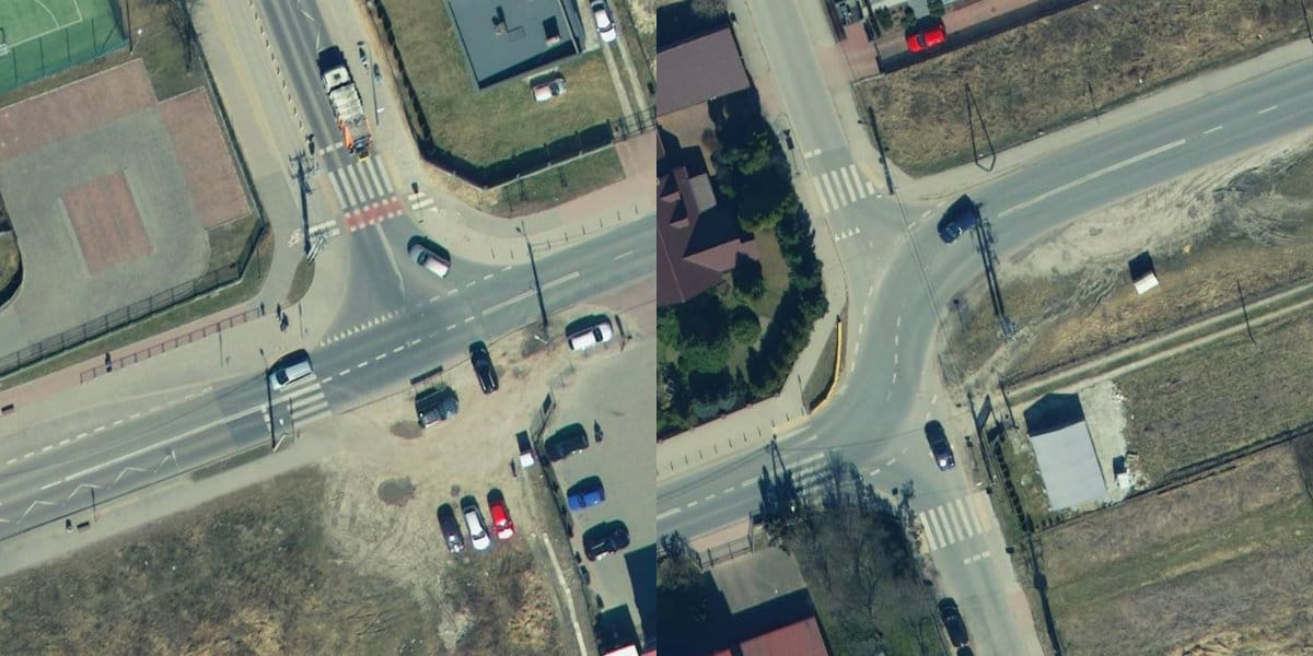 Widok z lotu ptaka na skrzyżowanie osiedlowe z samochodami i drogami.