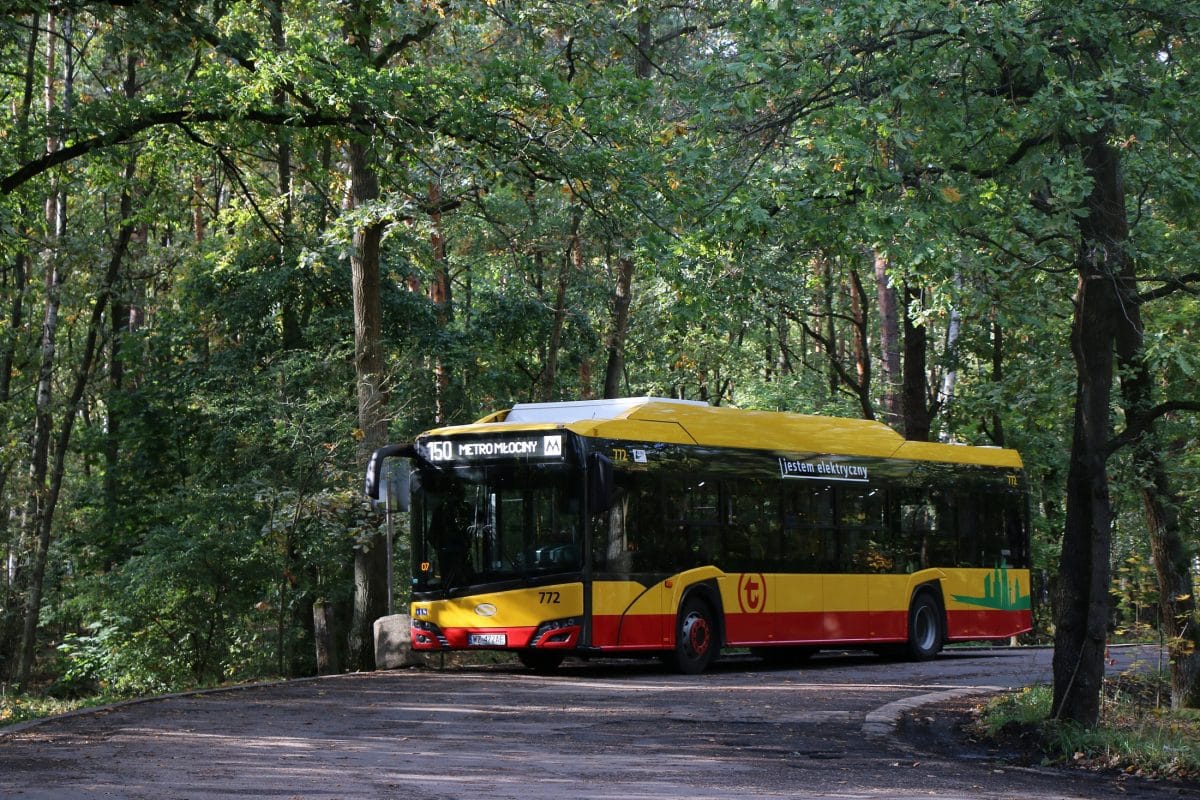 Żółty autobus elektryczny na ścieżce w lesie. Trasa 150 do metra Młociny.