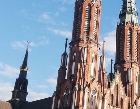 Majestatyczne ceglane wieże katedry na tle błękitnego nieba.