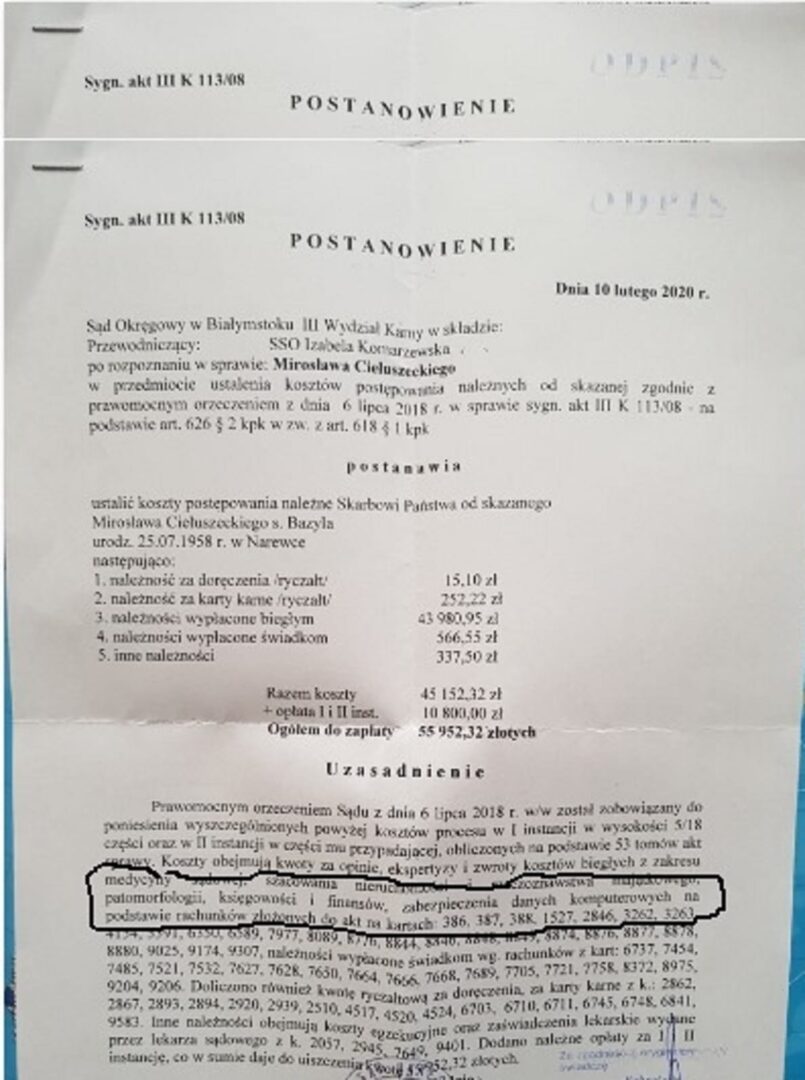 Dokument sądowy szczegółowo przedstawiający koszty zasądzone od Mirosława Cieluszeckiego, w tym wynagrodzenie biegłego sądowego.