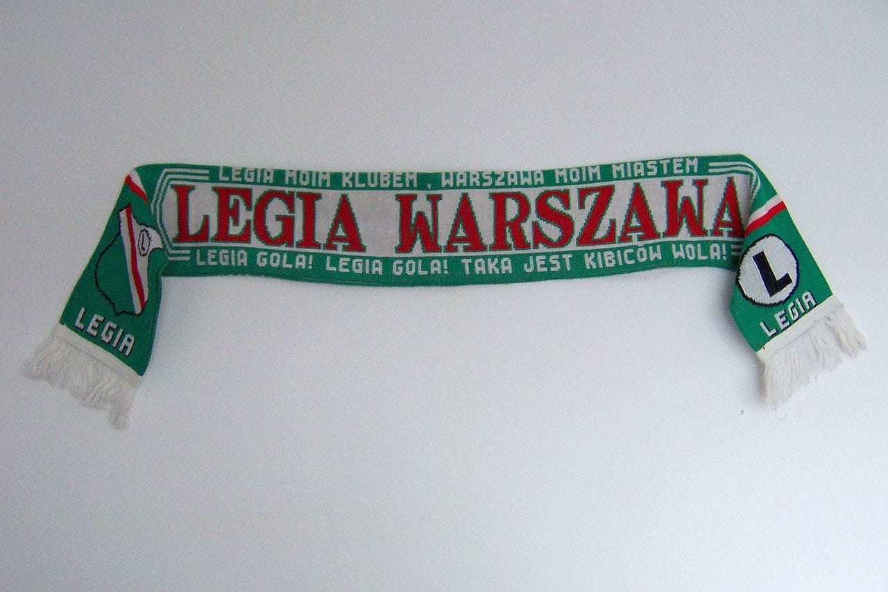 Legia Warszawa scarf with team logo and slogans: Legia mój klub, Warszawa moje miasto, Legia gola!