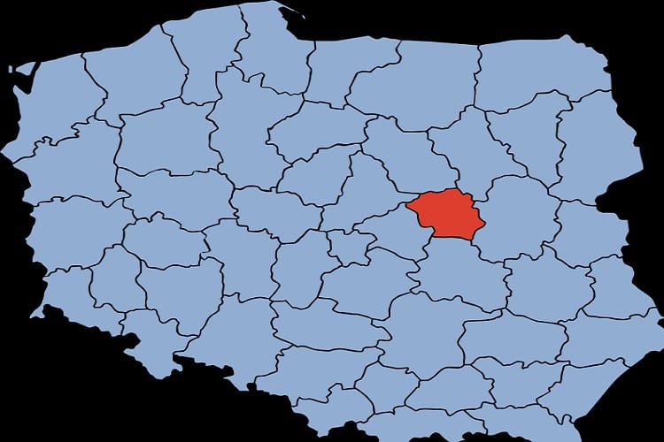 Mapa Polski z zaznaczonym województwem łódzkim.