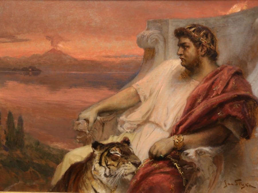 Cesarz August na tronie z tygrysem, wulkaniczne tło zachodu słońca. Zaginione dzieło sztuki odkryte ponownie po II wojnie światowej.