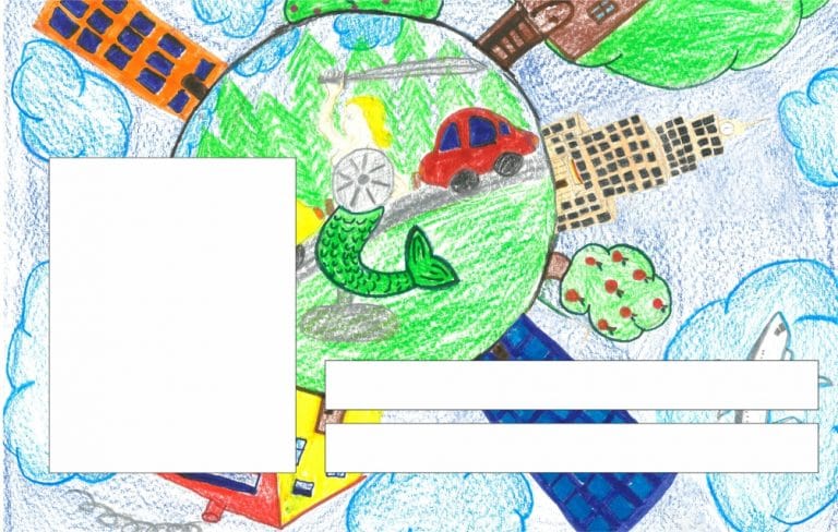 Fantazyjny rysunek kredkowy przedstawiający świat z budynkami, syreną i samochodem; miejsce na tekst