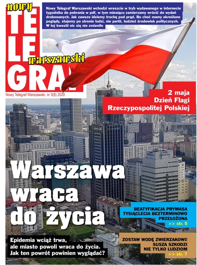 Warsaw cityscape; "Warszawa wraca do życia" headline; Polish flag