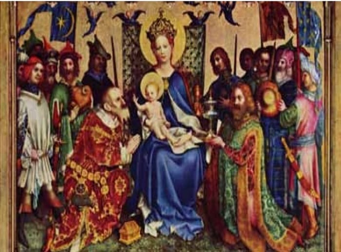 Virgin Mary enthroned with Christ Child, attended by kings and courtiers.