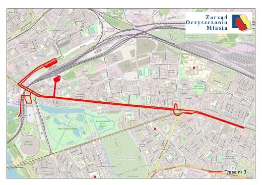 Mapa przedstawiająca trasę nr 3 operacji oczyszczania miasta.