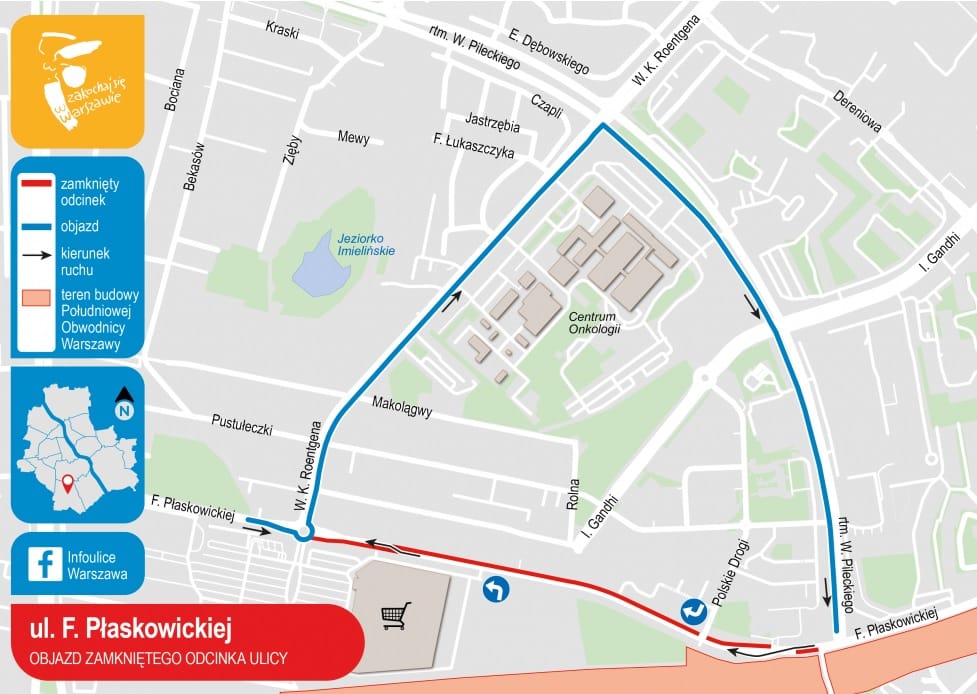 Mapa zamkniętych dróg w Warszawie pokazująca objazdy w okolicy ul. F. Płaskowickiej z powodu remontu.