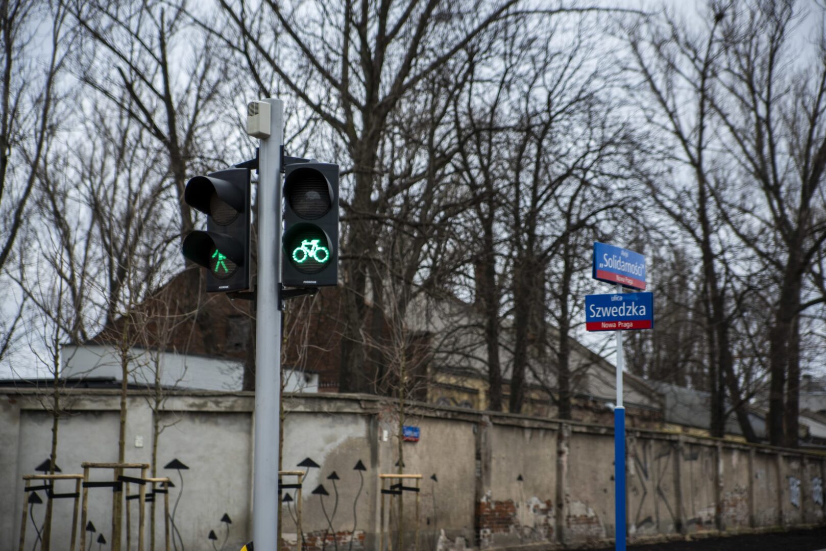 Zielone światło dla pieszych i rowerzystów na skrzyżowaniu w Warszawie. Widoczny znak ul. „Szwedzka”.