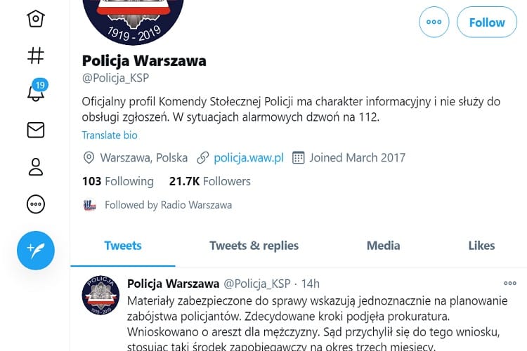 Konto stołecznej policji na Twitterze, na którym pojawił się niedawny wpis o aresztowaniu w związku ze śledztwem w sprawie morderstwa.