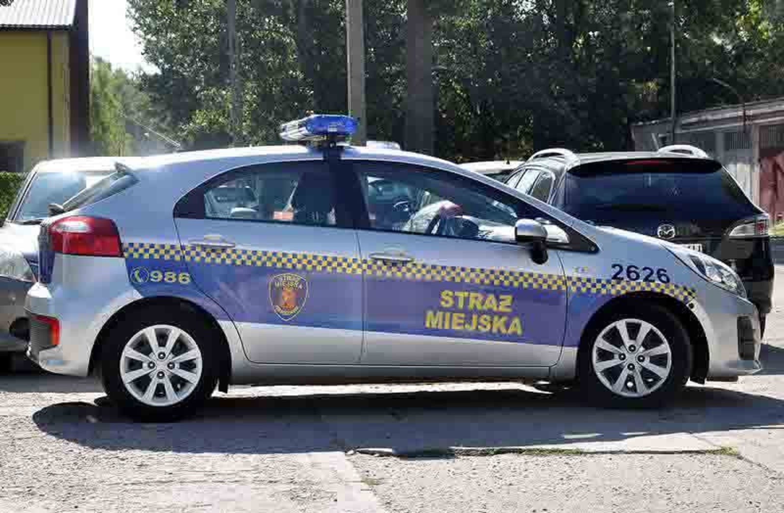 Srebrny samochód Kia Rio Straży Miejskiej nr 2626 zaparkowany na ulicy miejskiej