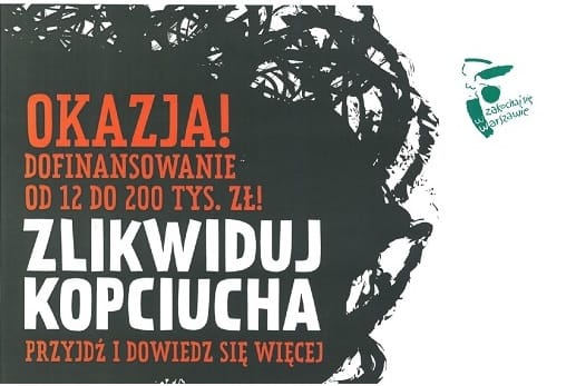 Polish poster: "OKAZJA! Zlikwiduj Kopciucha," offering funding to eliminate coal-burning stoves.