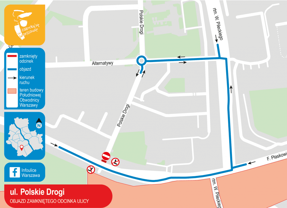 Mapa pokazująca zamknięcie drogi i objazd na ul. Polskich Drogach w Warszawie, niedaleko Ursynowa.