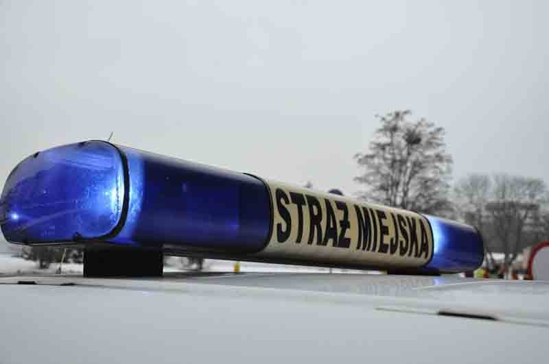 Oświetlenie pojazdu Straży Miejskiej z niebieskimi migającymi światłami w czasie śnieżnej pogody.