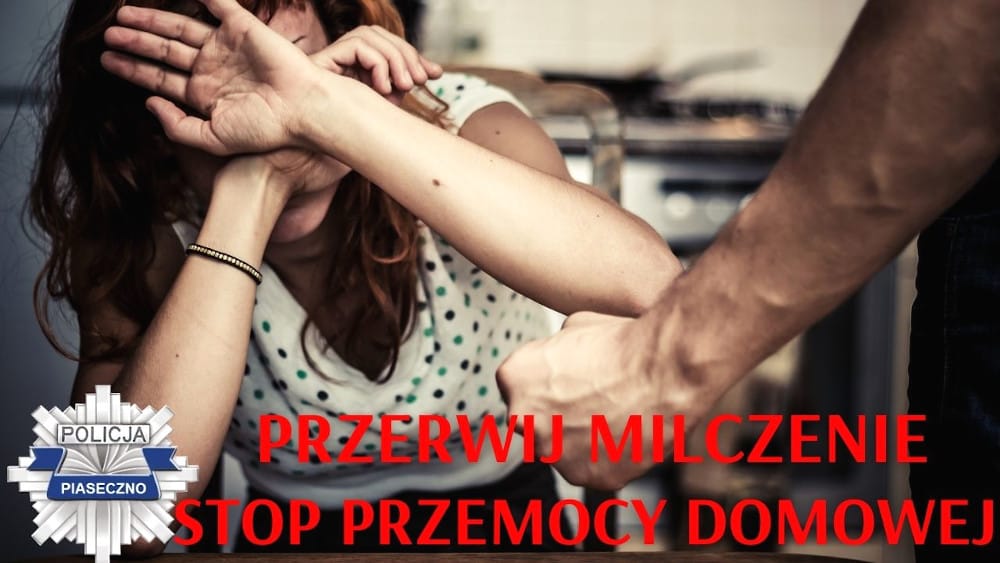 Kobieta osłaniająca twarz przed agresywnym mężczyzną; „Przerwij Milczenie Stop Przemocy Domowej”