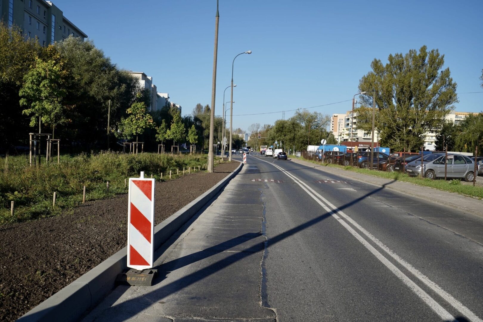 Pusta ulica miejska z nowo posadzonymi drzewami i znacznikami budowy drogi