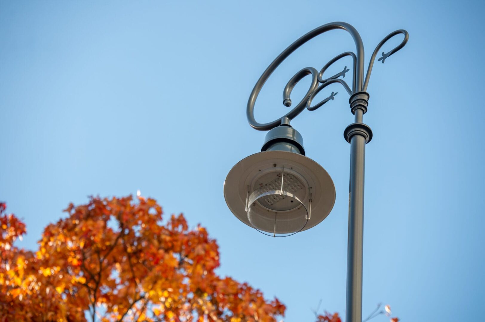Ozdobna latarnia z oświetleniem LED na tle jesiennych liści i błękitnego nieba