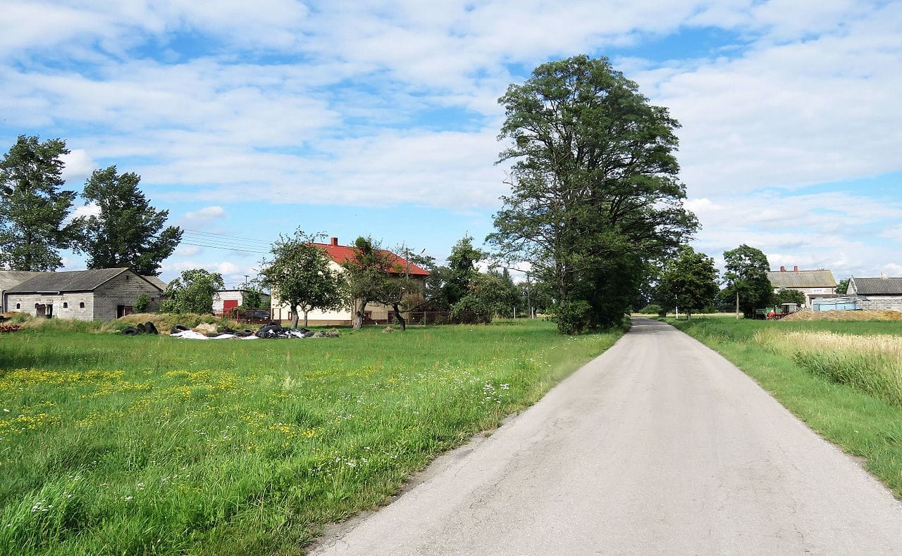 Wiejska droga prowadząca obok gospodarstw i pól pod błękitnym niebem.