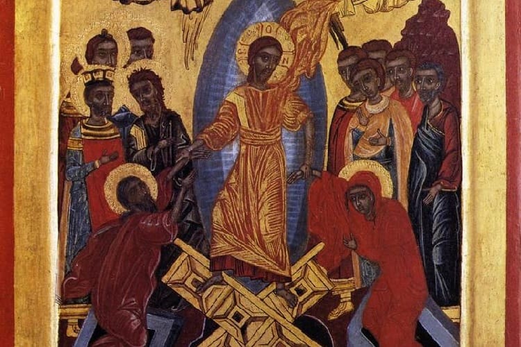 Bizantyjska ikona przedstawiająca Zmartwychwstanie Chrystusa, z postaciami apostołów i obserwatorów, będących świadkami tego wydarzenia.