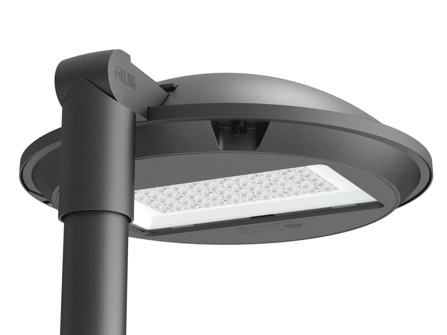 Zbliżenie na latarnię uliczną LED firmy LUG, ukazujące jej smukłą konstrukcję i zintegrowany układ LED.