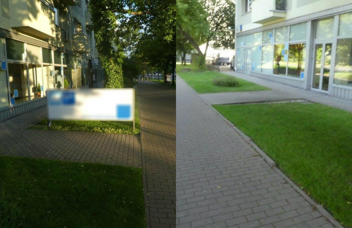 Chodniki i tereny trawiaste na zewnątrz nowoczesnych budynków.