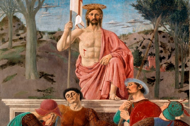 Zmartwychwstały Chrystus stoi na grobie w otoczeniu żołnierzy, trzymając w ręku sztandar.