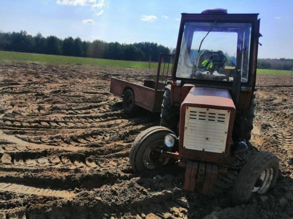 Czerwony traktor ugrzązł w błocie, ciągnąc przyczepę.