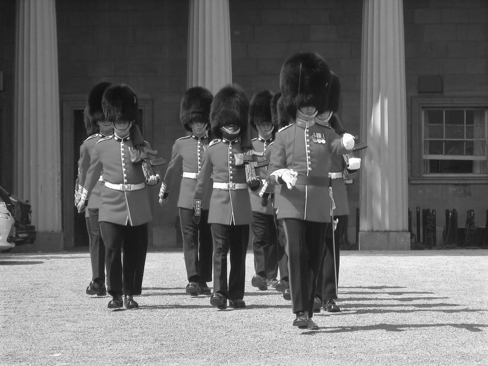 Brytyjscy gwardziści w czapkach z niedźwiedziej skóry stoją w szyku.