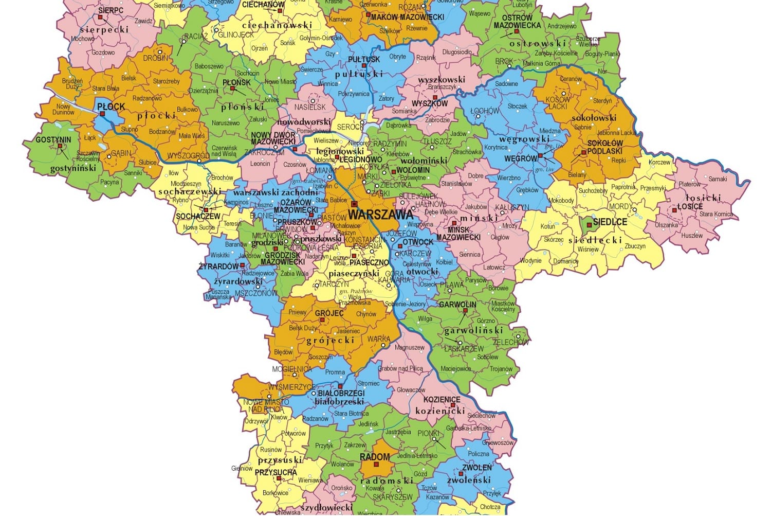 Mapa Mazowsza w Polsce z zaznaczonymi głównymi miastami i regionami.