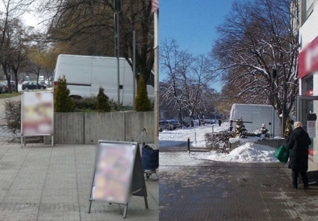 Przed i po odśnieżaniu okolicy sklepu; furgonetka zaparkowana przed sklepem.