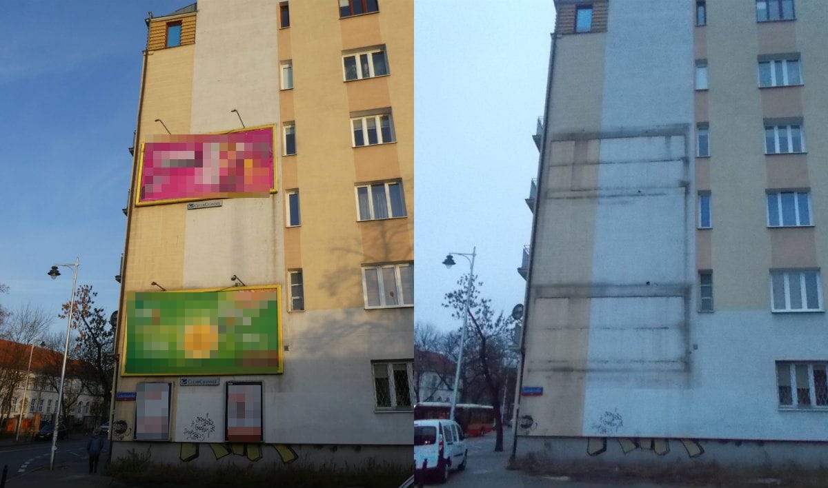 Przed i po renowacji elewacji budynku. Usunięcie billboardu odsłania czystą ścianę.