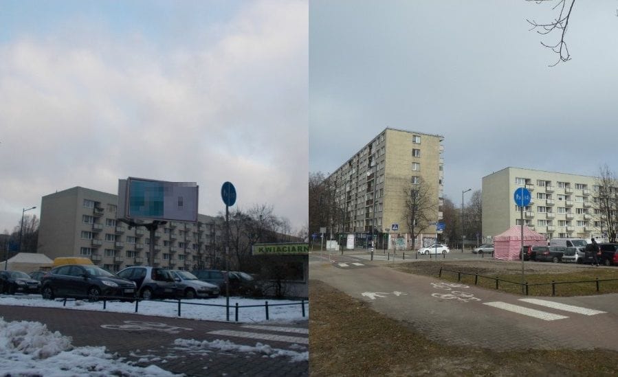 Przed i po: Zaśnieżona ulica z budynkami mieszkalnymi i zmianami pór roku.